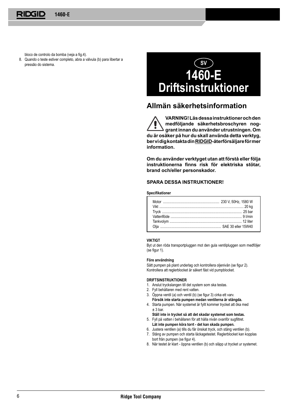 1460-e, Driftsinstruktioner, Allmän säkerhetsinformation | RIDGID 1460-E User Manual | Page 7 / 16