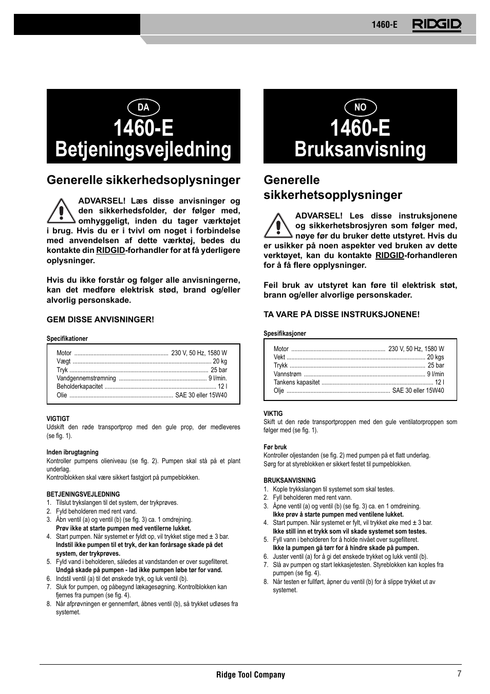 1460-e, Betjeningsvejledning, Bruksanvisning | Generelle sikkerhedsoplysninger, Generelle sikkerhetsopplysninger | RIDGID 1460-E User Manual | Page 8 / 16