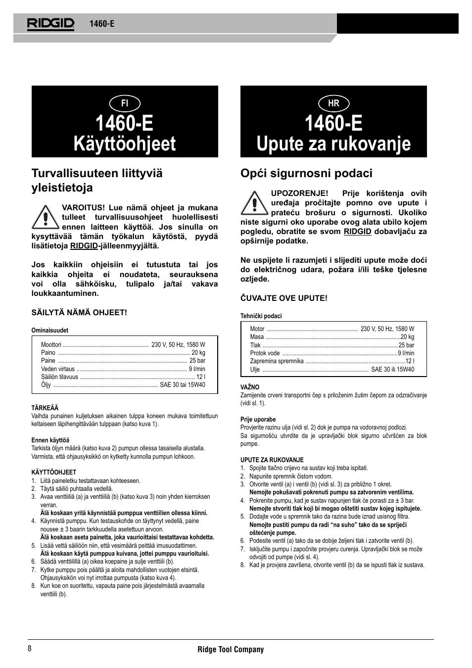 1460-e, Käyttöohjeet, Upute za rukovanje | Turvallisuuteen liittyviä yleistietoja, Opći sigurnosni podaci | RIDGID 1460-E User Manual | Page 9 / 16