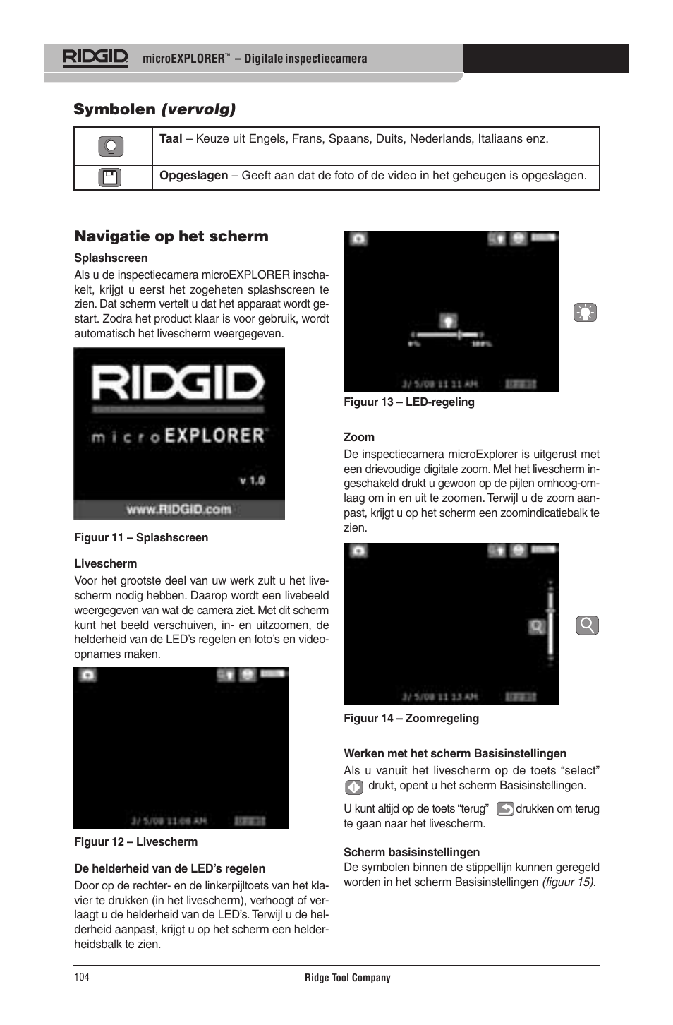 Navigatie op het scherm, Symbolen (vervolg) | RIDGID micro EXPLORER User Manual | Page 102 / 449