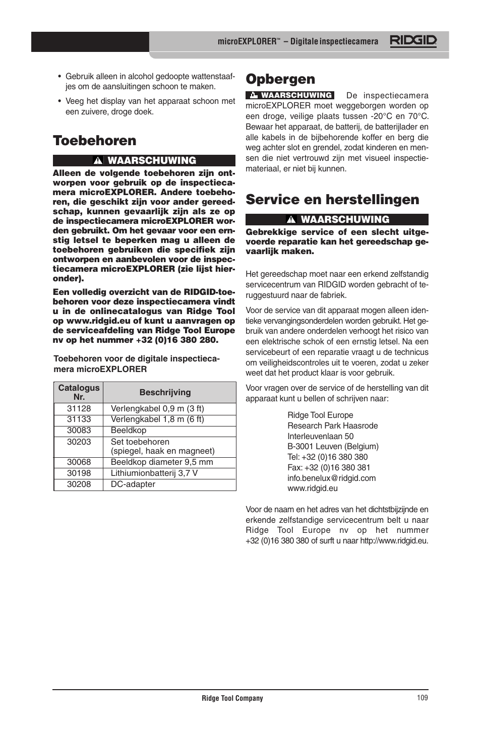 Toebehoren, Opbergen, Service en herstellingen | RIDGID micro EXPLORER User Manual | Page 107 / 449