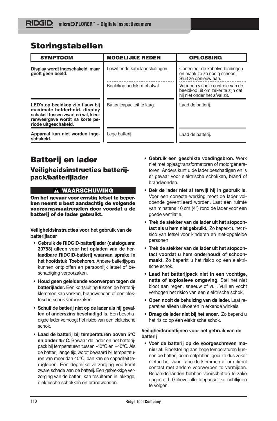 Batterij en lader, Storingstabellen | RIDGID micro EXPLORER User Manual | Page 108 / 449