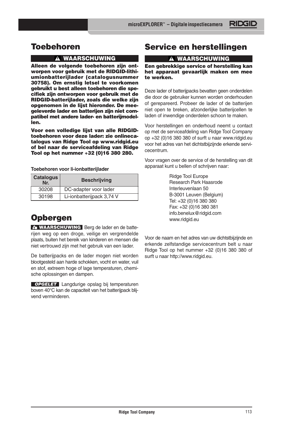 Toebehoren, Opbergen, Service en herstellingen | RIDGID micro EXPLORER User Manual | Page 111 / 449