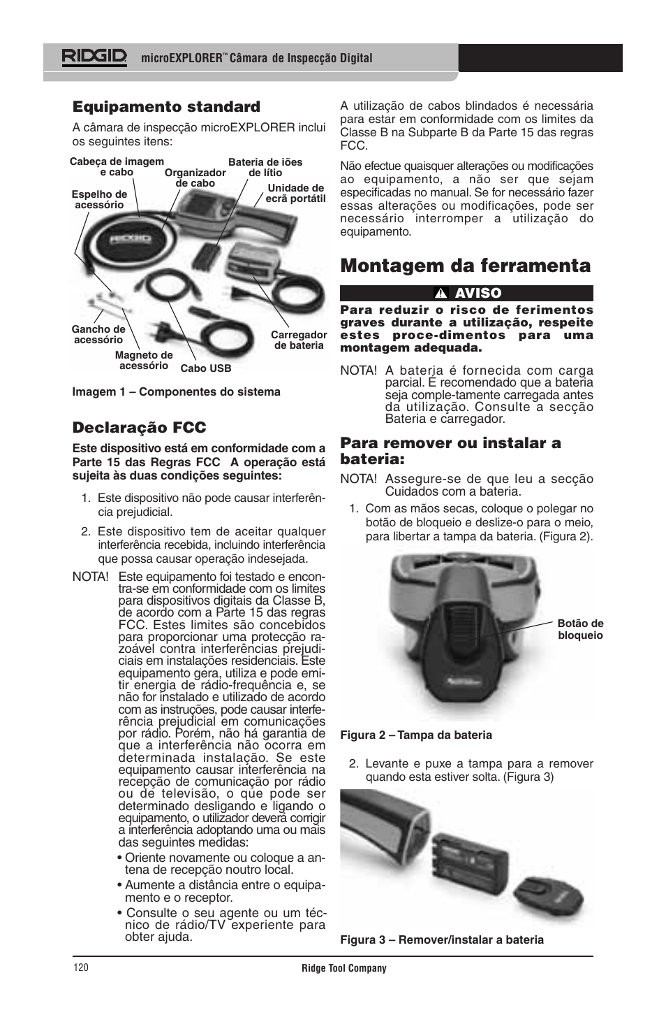 Montagem da ferramenta, Equipamento standard, Declaração fcc | Para remover ou instalar a bateria | RIDGID micro EXPLORER User Manual | Page 117 / 449