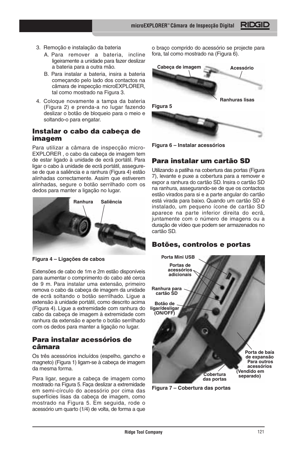 Instalar o cabo da cabeça de imagem, Para instalar acessórios de câmara, Para instalar um cartão sd | Botões, controlos e portas | RIDGID micro EXPLORER User Manual | Page 118 / 449