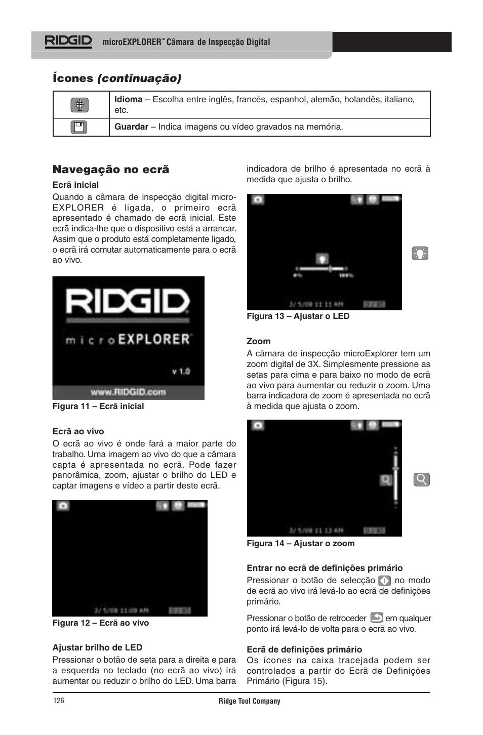 Navegação no ecrã, Ícones (continuação) | RIDGID micro EXPLORER User Manual | Page 123 / 449