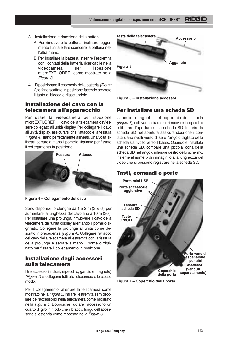 Installazione degli accessori sulla telecamera, Per installare una scheda sd, Tasti, comandi e porte | RIDGID micro EXPLORER User Manual | Page 139 / 449