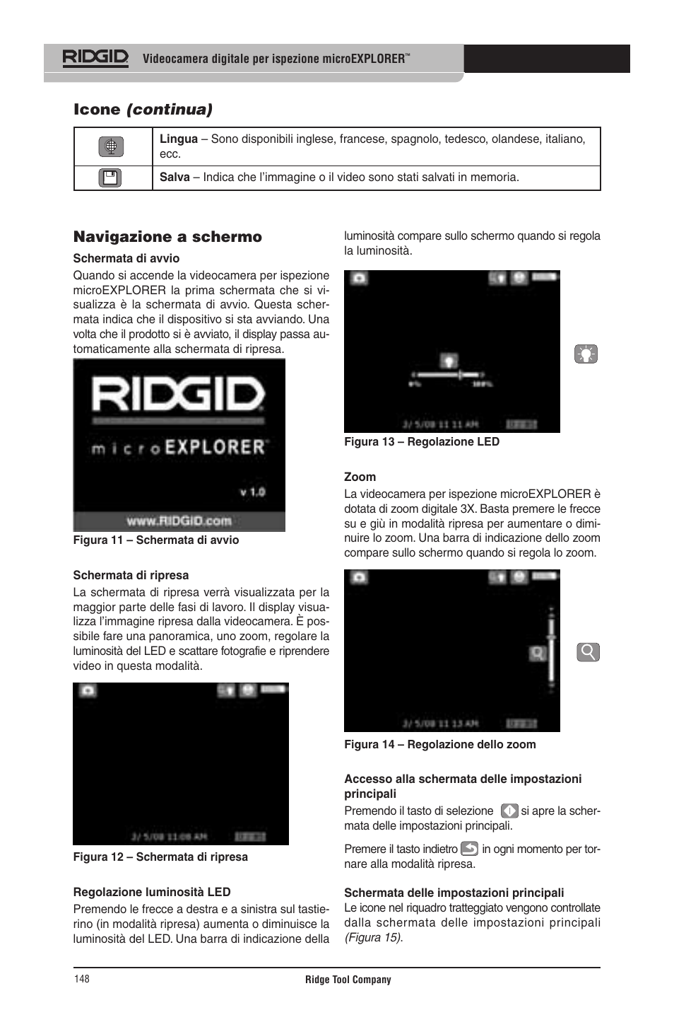 Navigazione a schermo, Icone (continua) | RIDGID micro EXPLORER User Manual | Page 144 / 449