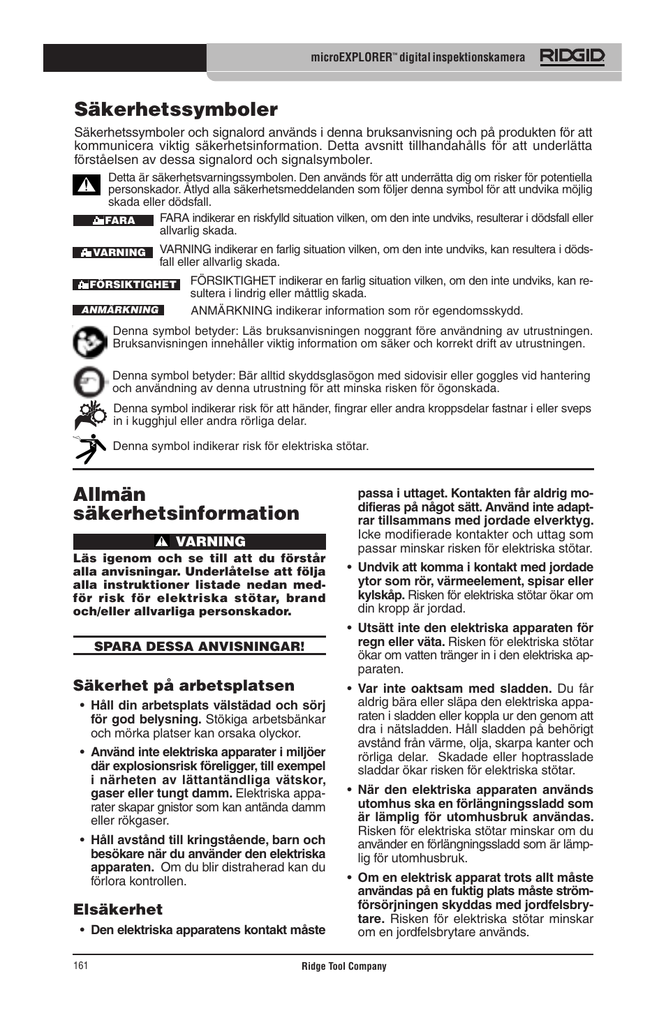 Allmän säkerhetsinformation, Säkerhetssymboler, Säkerhet på arbetsplatsen | Elsäkerhet | RIDGID micro EXPLORER User Manual | Page 156 / 449