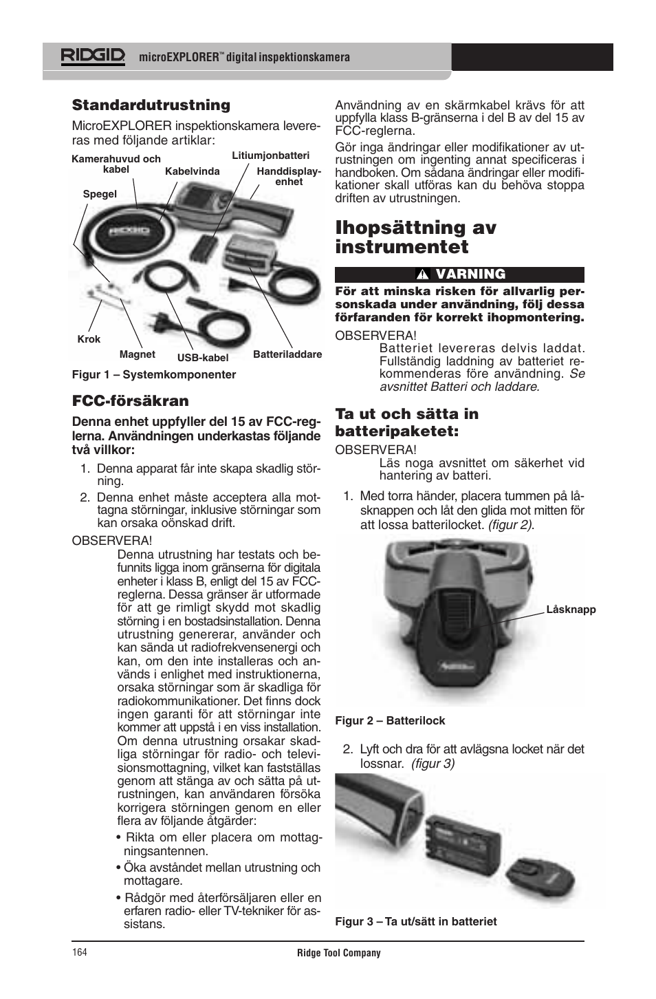 Ihopsättning av instrumentet, Standardutrustning, Fcc-försäkran | Ta ut och sätta in batteripaketet | RIDGID micro EXPLORER User Manual | Page 159 / 449