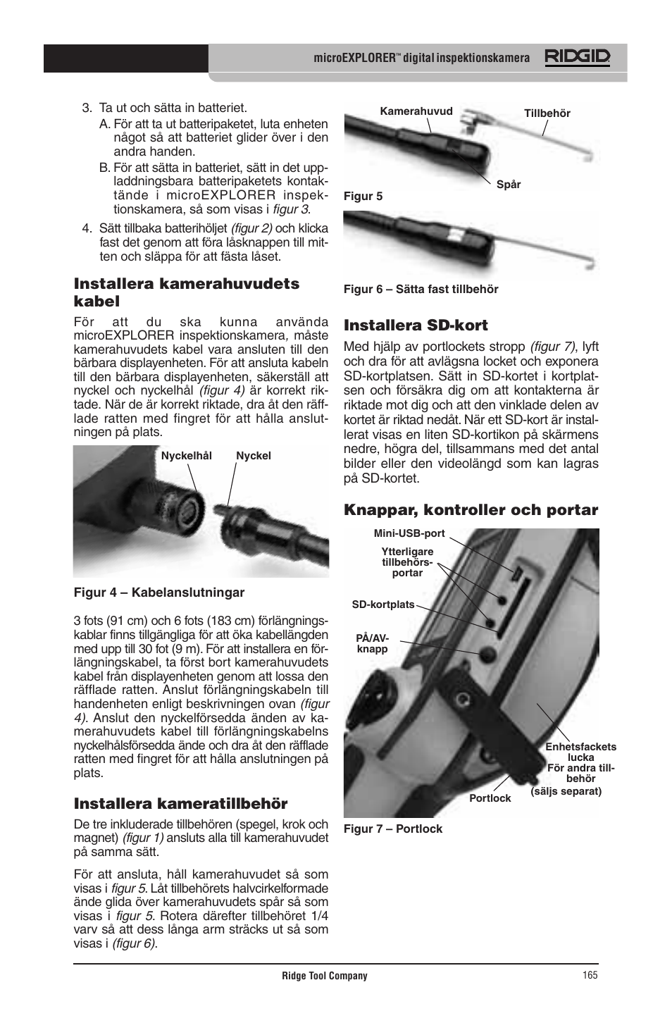 Installera kamerahuvudets kabel, Installera kameratillbehör, Installera sd-kort | Knappar, kontroller och portar | RIDGID micro EXPLORER User Manual | Page 160 / 449