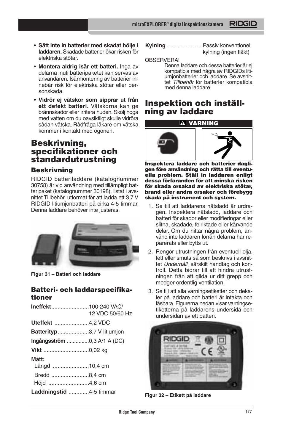 Inspektion och inställ- ning av laddare | RIDGID micro EXPLORER User Manual | Page 172 / 449