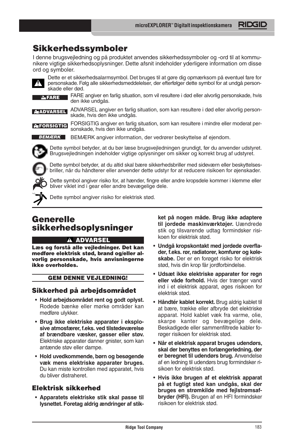 Generelle sikkerhedsoplysninger, Sikkerhedssymboler | RIDGID micro EXPLORER User Manual | Page 177 / 449