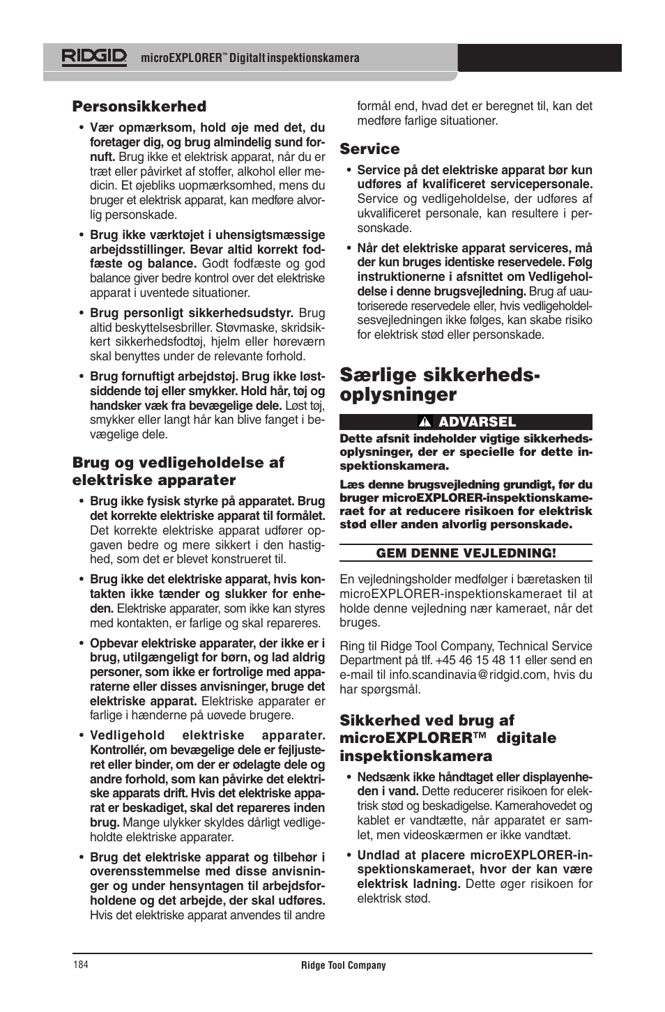 Særlige sikkerheds- oplysninger | RIDGID micro EXPLORER User Manual | Page 178 / 449