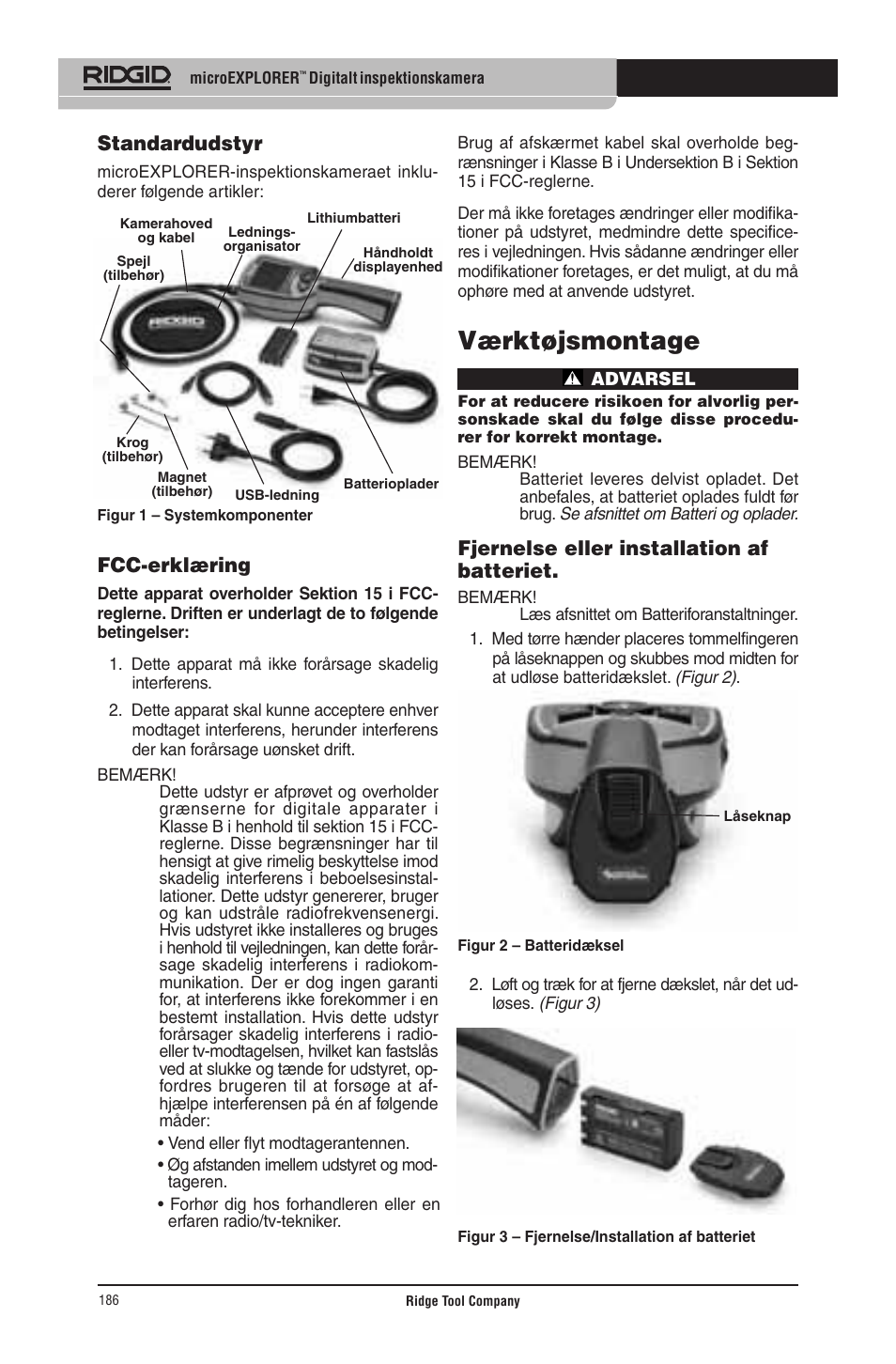 Værktøjsmontage, Standardudstyr, Fcc-erklæring | Fjernelse eller installation af batteriet | RIDGID micro EXPLORER User Manual | Page 180 / 449