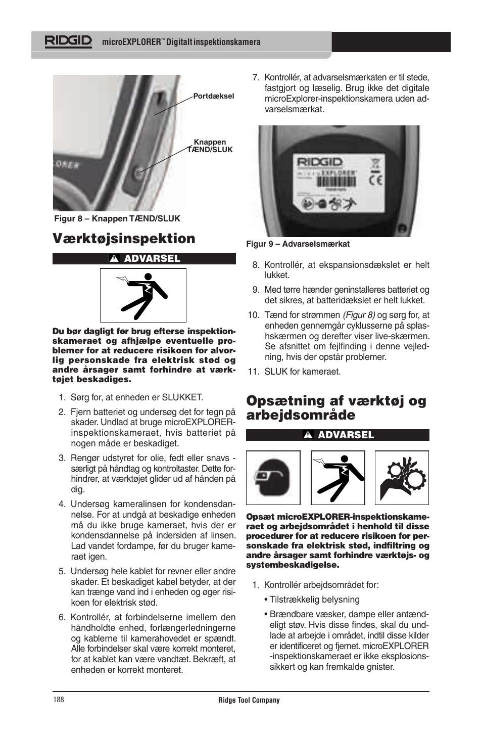 Værktøjsinspektion, Opsætning af værktøj og arbejdsområde | RIDGID micro EXPLORER User Manual | Page 182 / 449