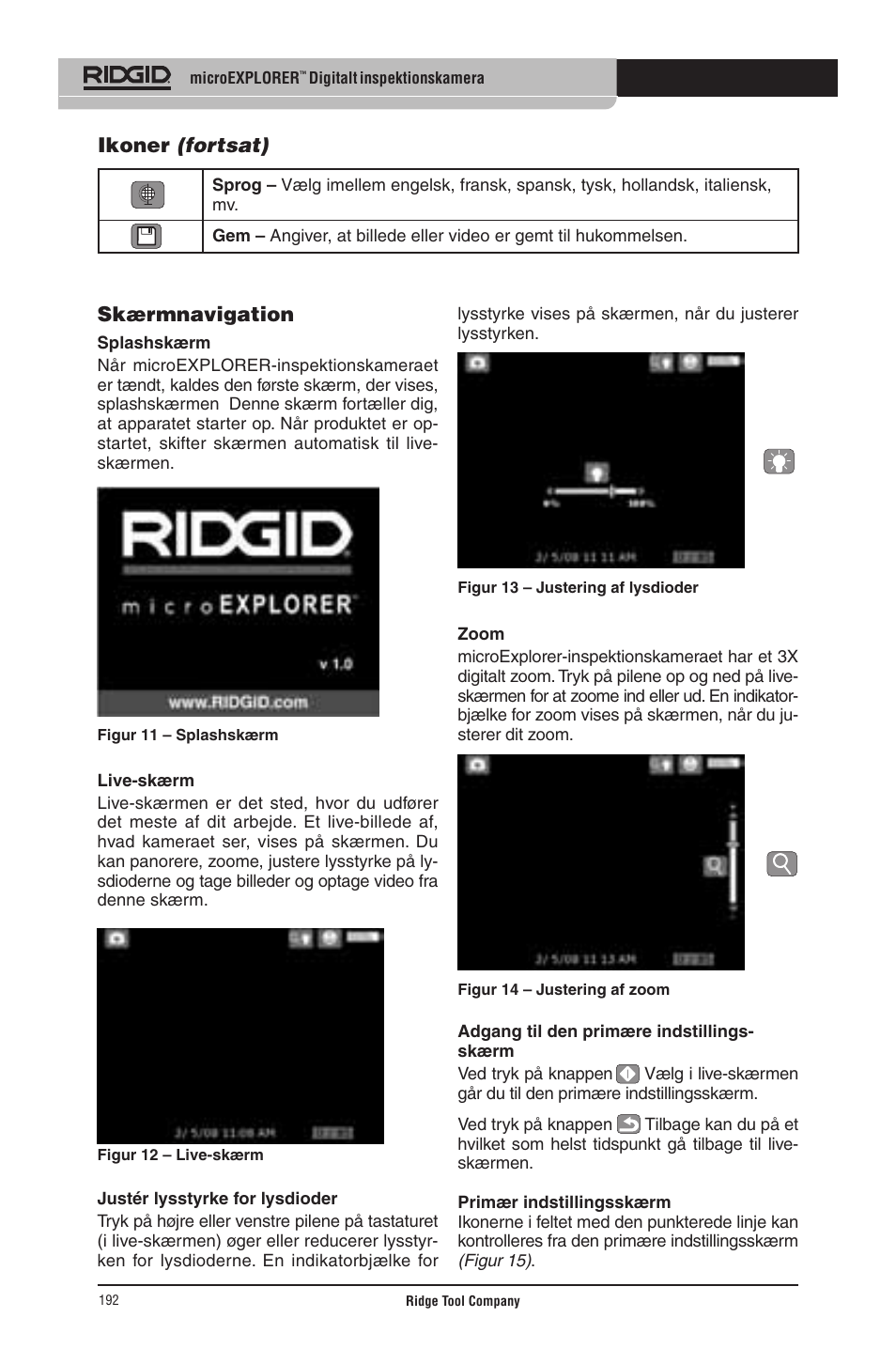 Skærmnavigation, Ikoner (fortsat) | RIDGID micro EXPLORER User Manual | Page 186 / 449