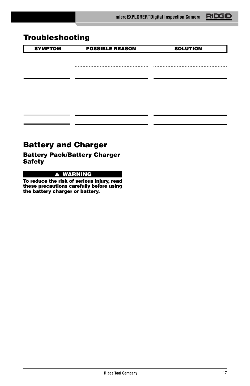 Battery and charger, Troubleshooting | RIDGID micro EXPLORER User Manual | Page 19 / 449