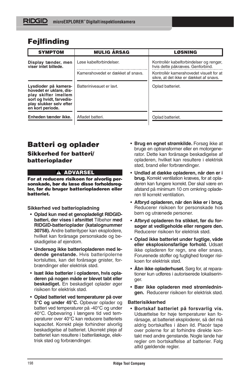 Batteri og oplader, Fejlfinding | RIDGID micro EXPLORER User Manual | Page 192 / 449