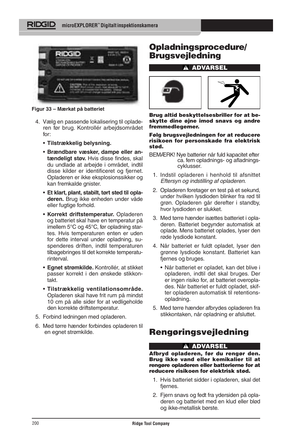 Opladningsprocedure/ brugsvejledning, Rengøringsvejledning | RIDGID micro EXPLORER User Manual | Page 194 / 449