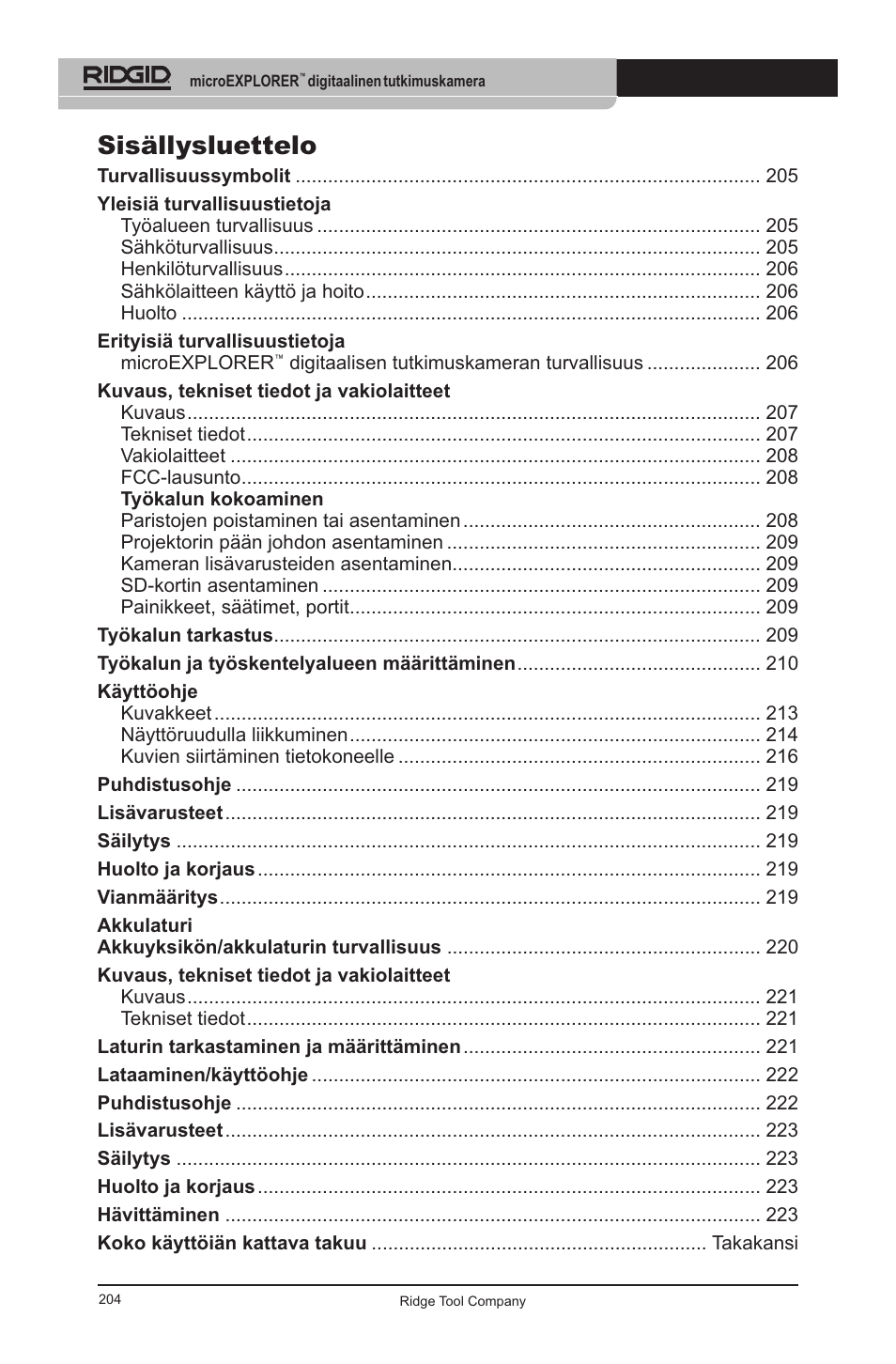 Sisällysluettelo | RIDGID micro EXPLORER User Manual | Page 197 / 449