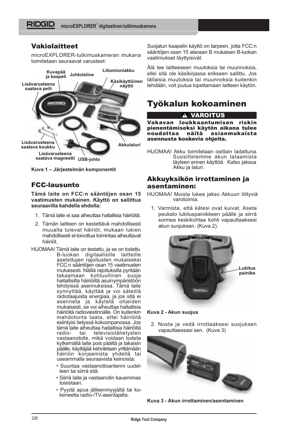 Työkalun kokoaminen, Vakiolaitteet, Fcc-lausunto | Akkuyksikön irrottaminen ja asentaminen | RIDGID micro EXPLORER User Manual | Page 201 / 449