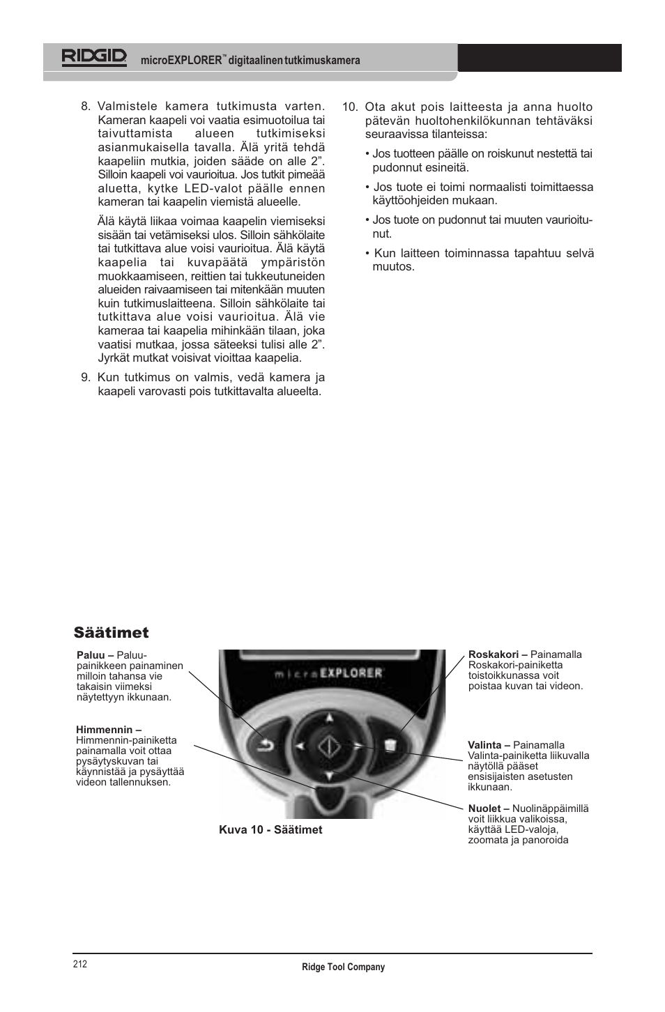 Säätimet | RIDGID micro EXPLORER User Manual | Page 205 / 449