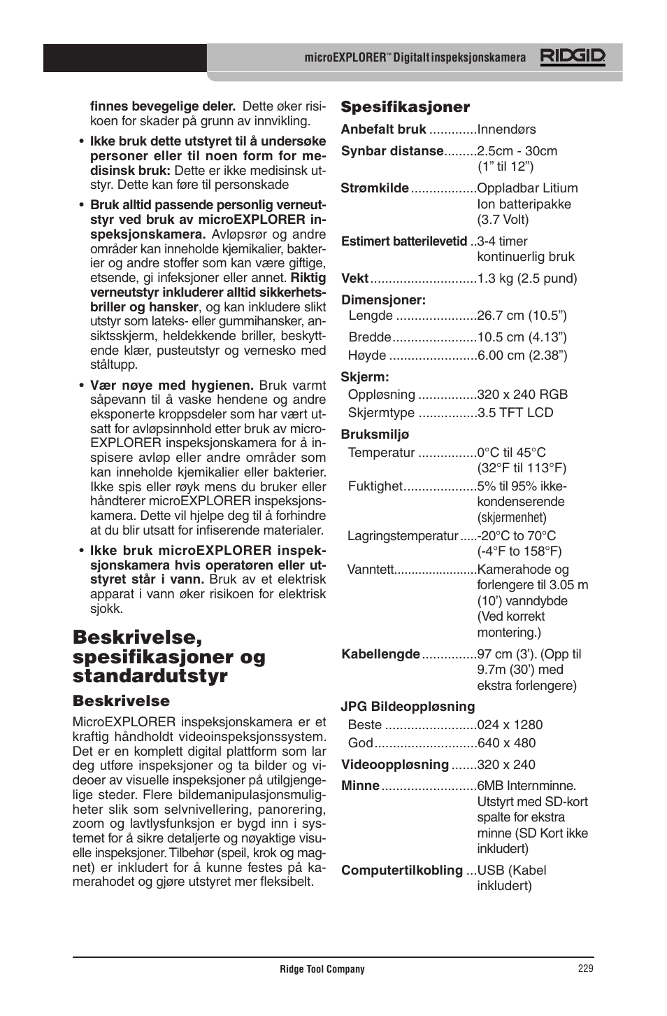 Beskrivelse, spesifikasjoner og standardutstyr | RIDGID micro EXPLORER User Manual | Page 221 / 449