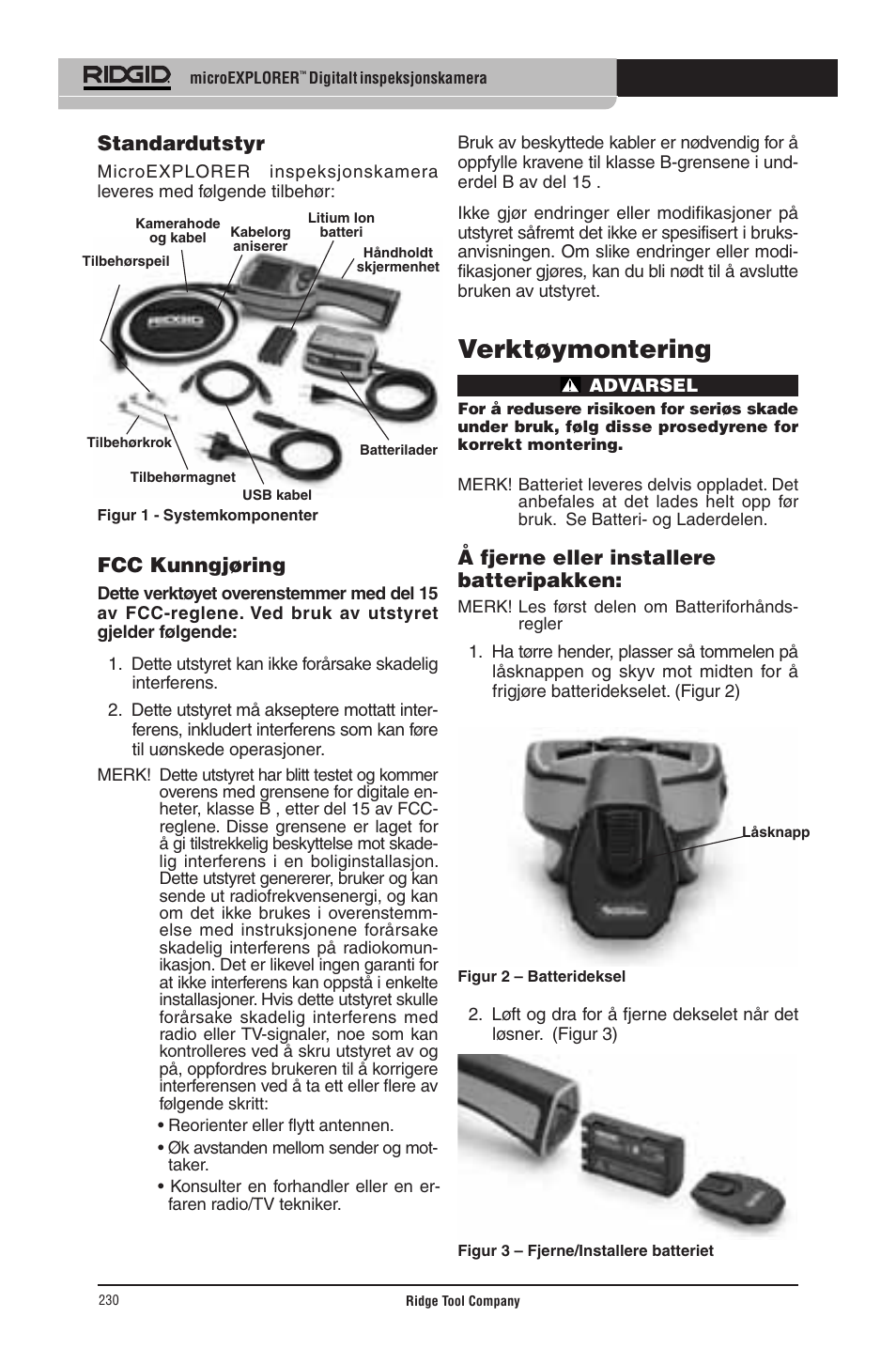 Verktøymontering, Standardutstyr, Fcc kunngjøring | Å fjerne eller installere batteripakken | RIDGID micro EXPLORER User Manual | Page 222 / 449