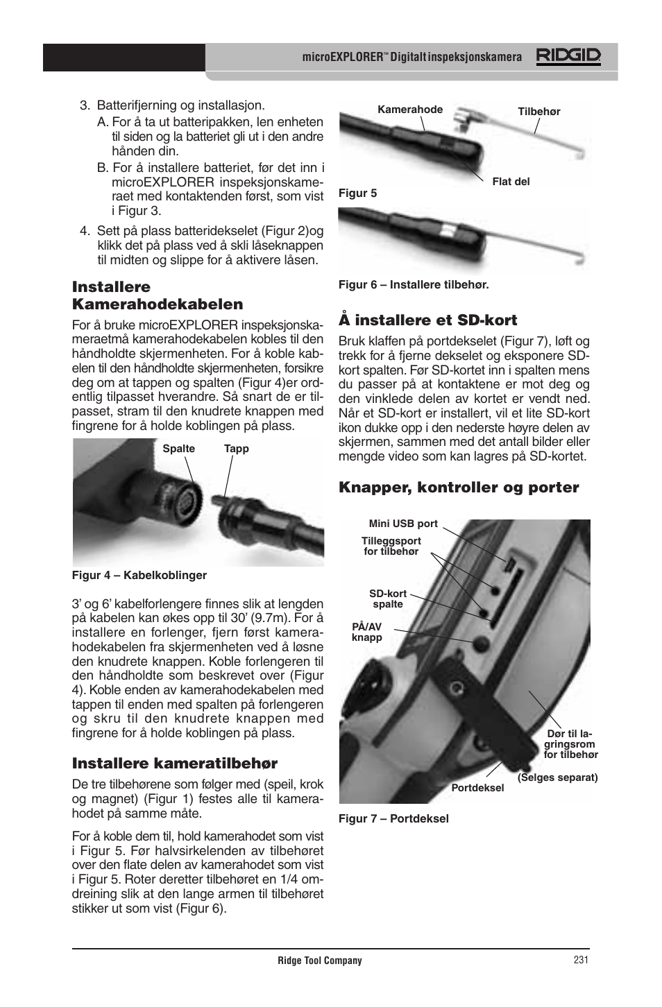 Installere kamerahodekabelen, Installere kameratilbehør, Å installere et sd-kort | Knapper, kontroller og porter | RIDGID micro EXPLORER User Manual | Page 223 / 449