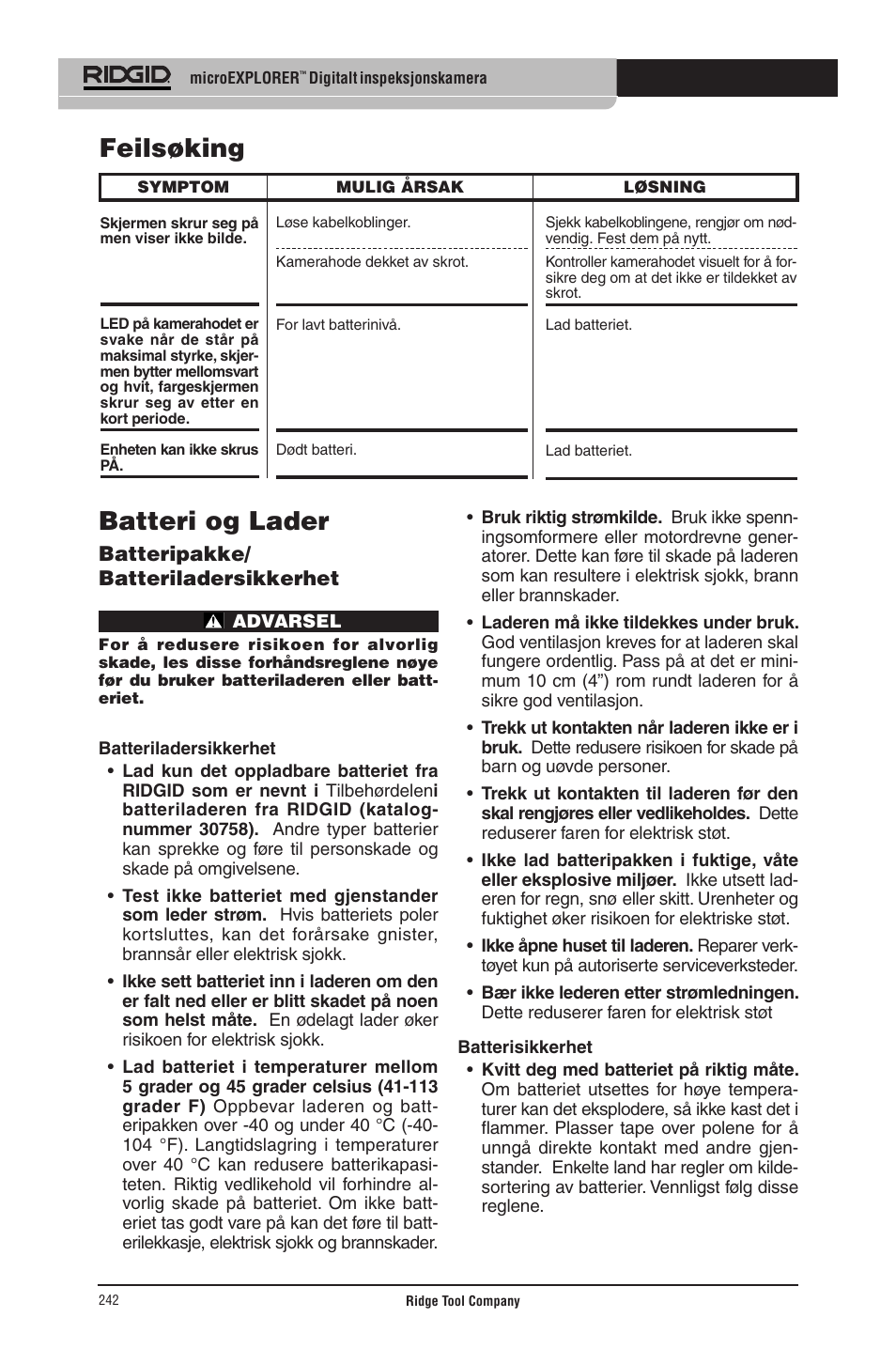 Batteri og lader, Feilsøking | RIDGID micro EXPLORER User Manual | Page 234 / 449