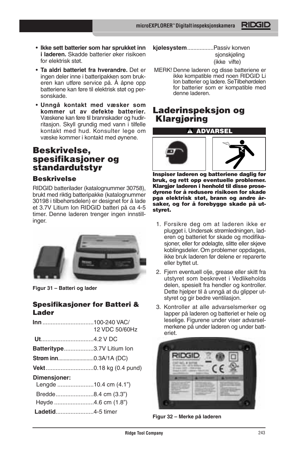 Beskrivelse, spesifikasjoner og standardutstyr, Laderinspeksjon og klargjøring | RIDGID micro EXPLORER User Manual | Page 235 / 449