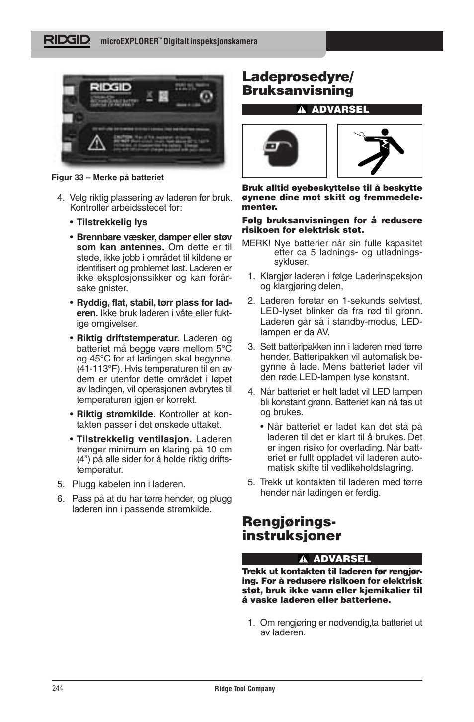 Ladeprosedyre/ bruksanvisning, Rengjørings- instruksjoner | RIDGID micro EXPLORER User Manual | Page 236 / 449