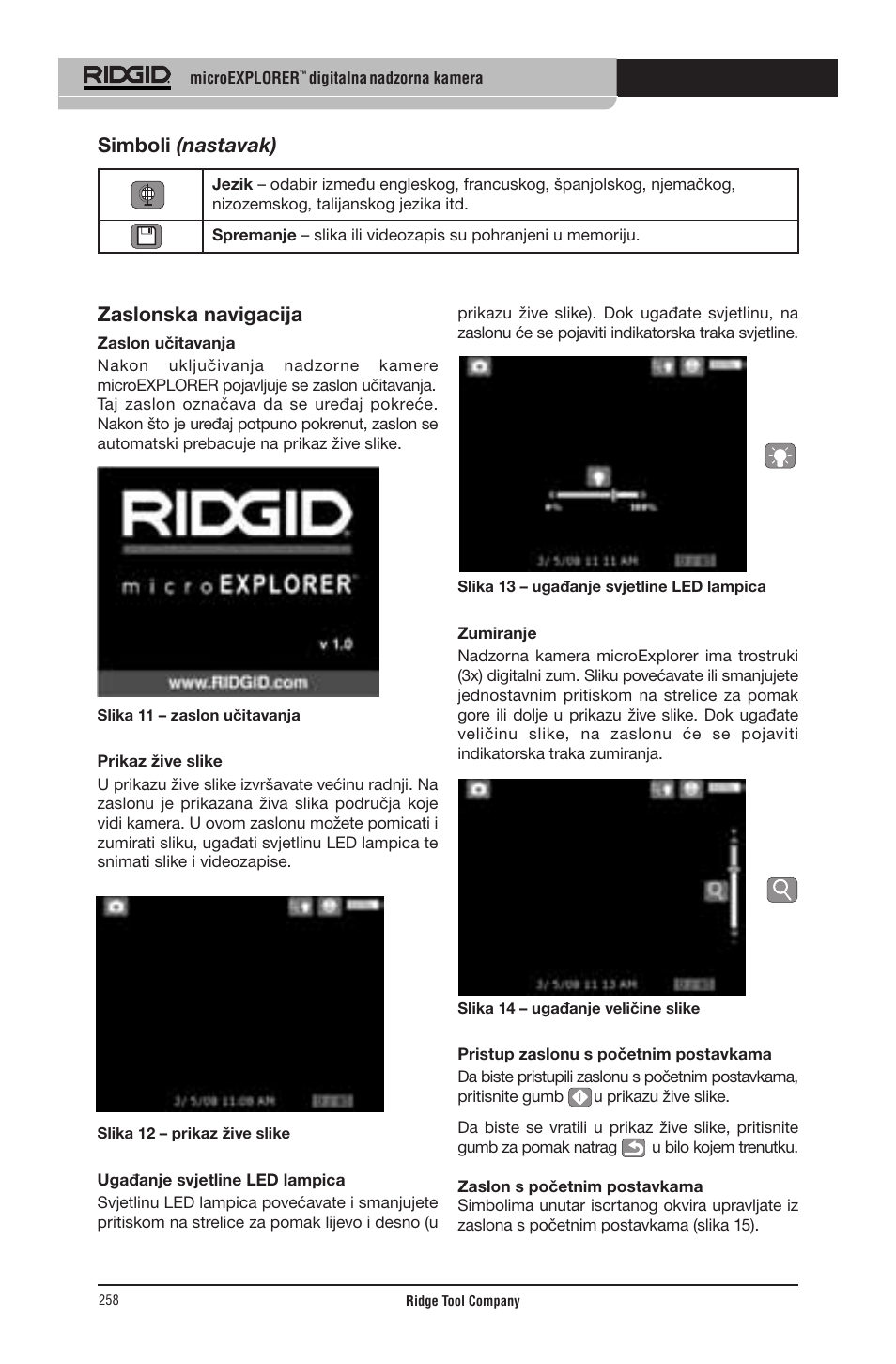 Zaslonska navigacija, Simboli (nastavak) | RIDGID micro EXPLORER User Manual | Page 249 / 449