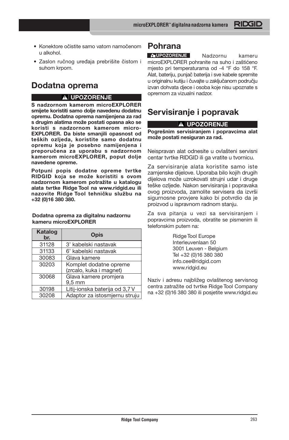 Dodatna oprema, Pohrana, Servisiranje i popravak | RIDGID micro EXPLORER User Manual | Page 254 / 449