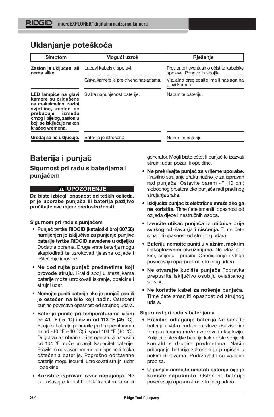 Baterija i punjač, Uklanjanje poteškoća, Sigurnost pri radu s baterijama i punjačem | RIDGID micro EXPLORER User Manual | Page 255 / 449