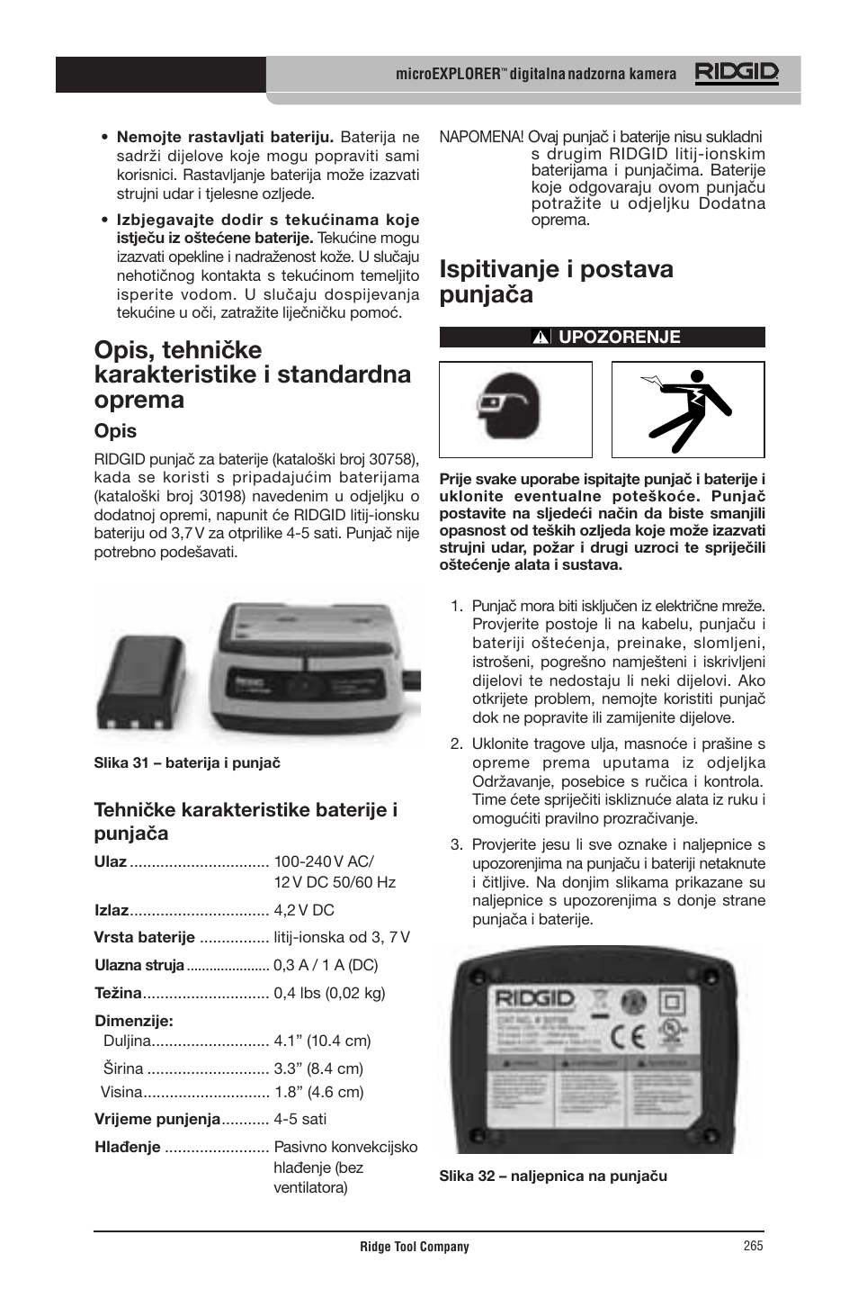 Opis, tehničke karakteristike i standardna oprema, Ispitivanje i postava punjača, Opis | Tehničke karakteristike baterije i punjača | RIDGID micro EXPLORER User Manual | Page 256 / 449