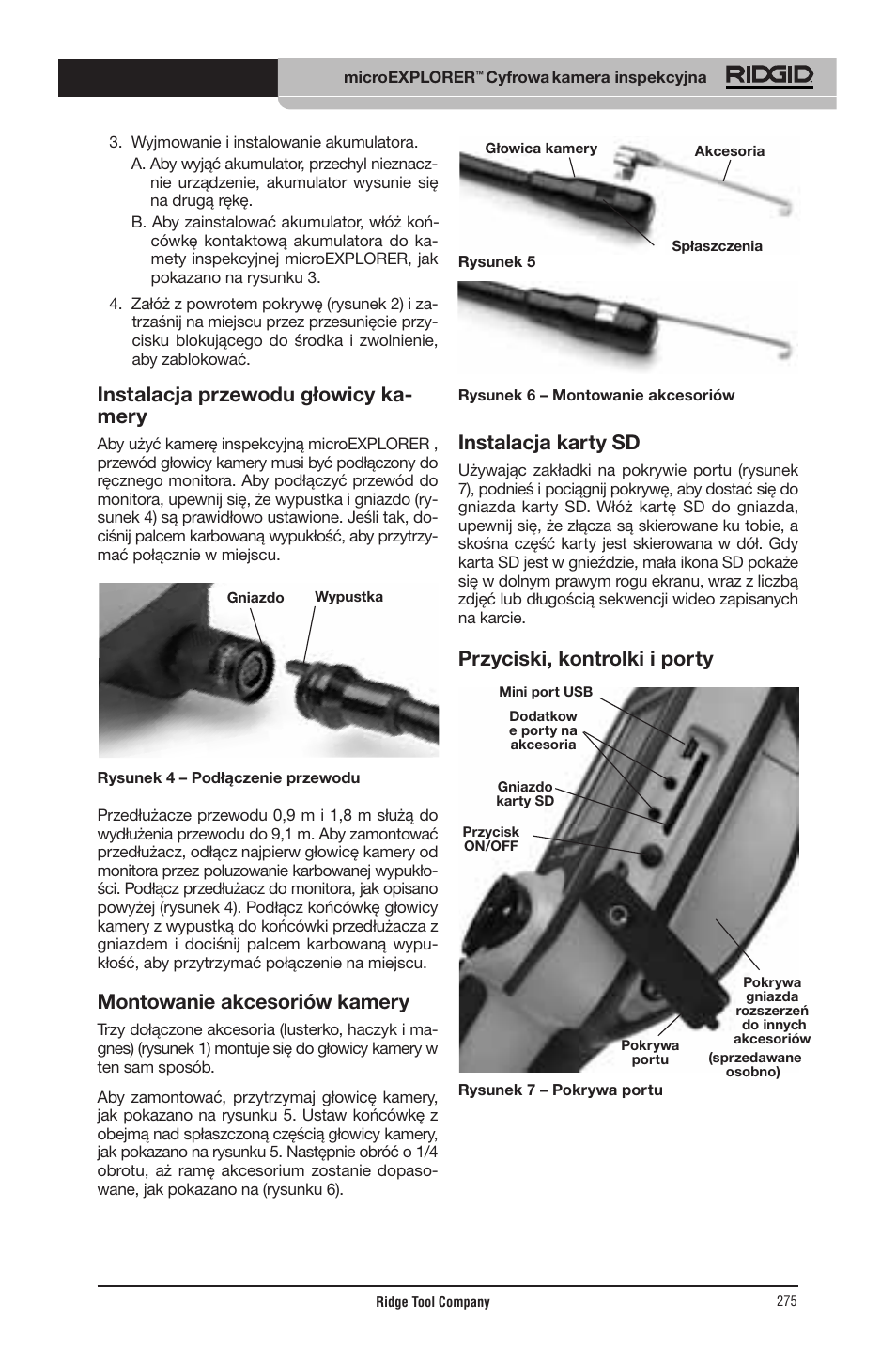 Instalacja przewodu głowicy ka- mery, Montowanie akcesoriów kamery, Instalacja karty sd | Przyciski, kontrolki i porty | RIDGID micro EXPLORER User Manual | Page 265 / 449