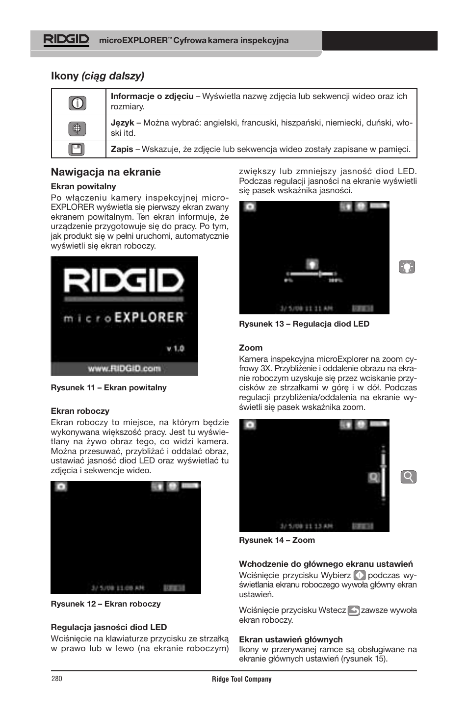 Nawigacja na ekranie, Ikony (ciąg dalszy) | RIDGID micro EXPLORER User Manual | Page 270 / 449