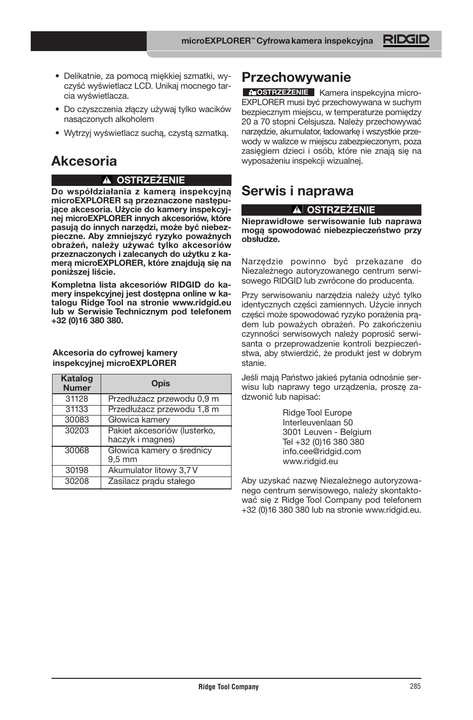 Akcesoria, Przechowywanie, Serwis i naprawa | RIDGID micro EXPLORER User Manual | Page 275 / 449