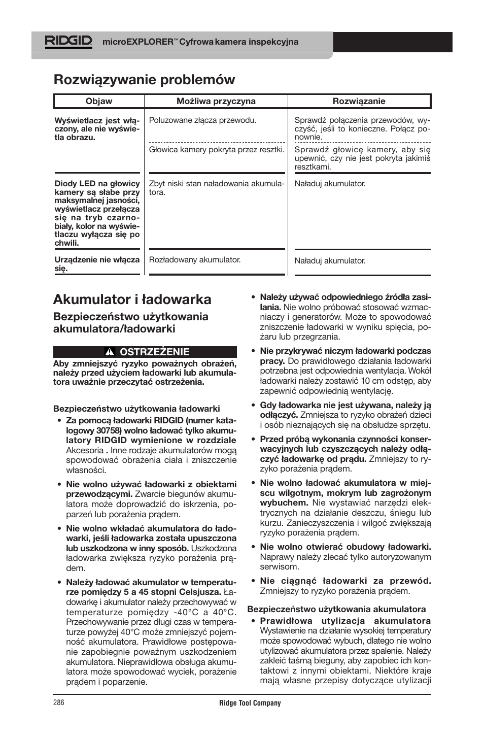 Akumulator i ładowarka, Rozwiązywanie problemów, Bezpieczeństwo użytkowania akumulatora/ładowarki | RIDGID micro EXPLORER User Manual | Page 276 / 449