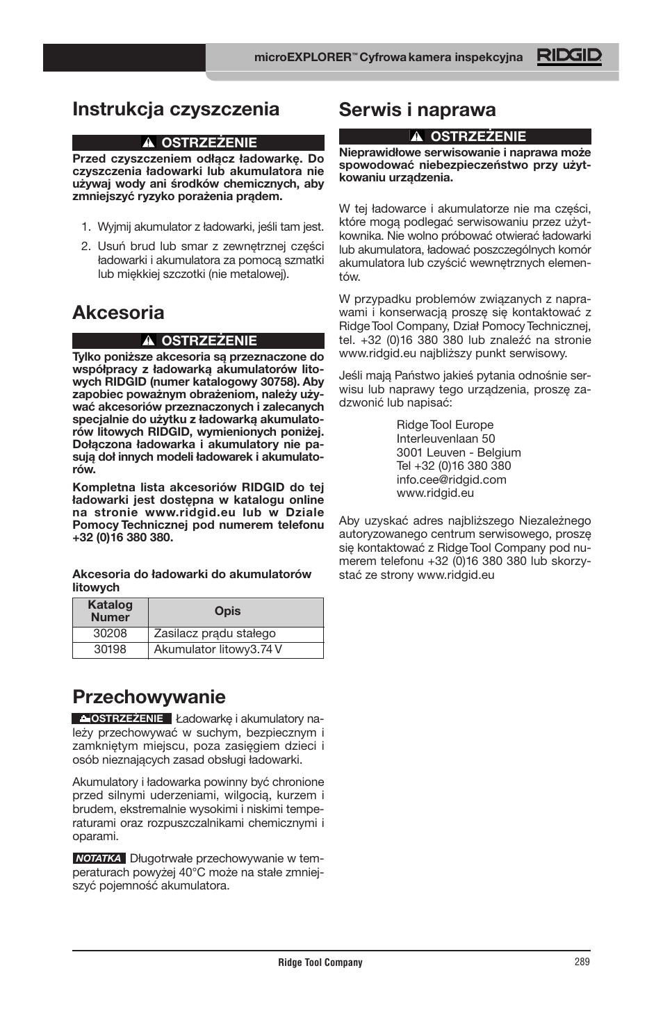 Instrukcja czyszczenia, Akcesoria, Przechowywanie | Serwis i naprawa | RIDGID micro EXPLORER User Manual | Page 279 / 449