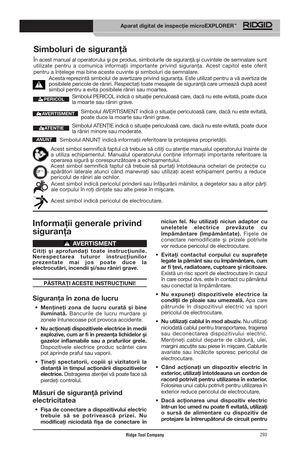 Informaţii generale privind siguranţa, Simboluri de siguranţă, Siguranţa în zona de lucru | Măsuri de siguranţă privind electricitatea | RIDGID micro EXPLORER User Manual | Page 283 / 449