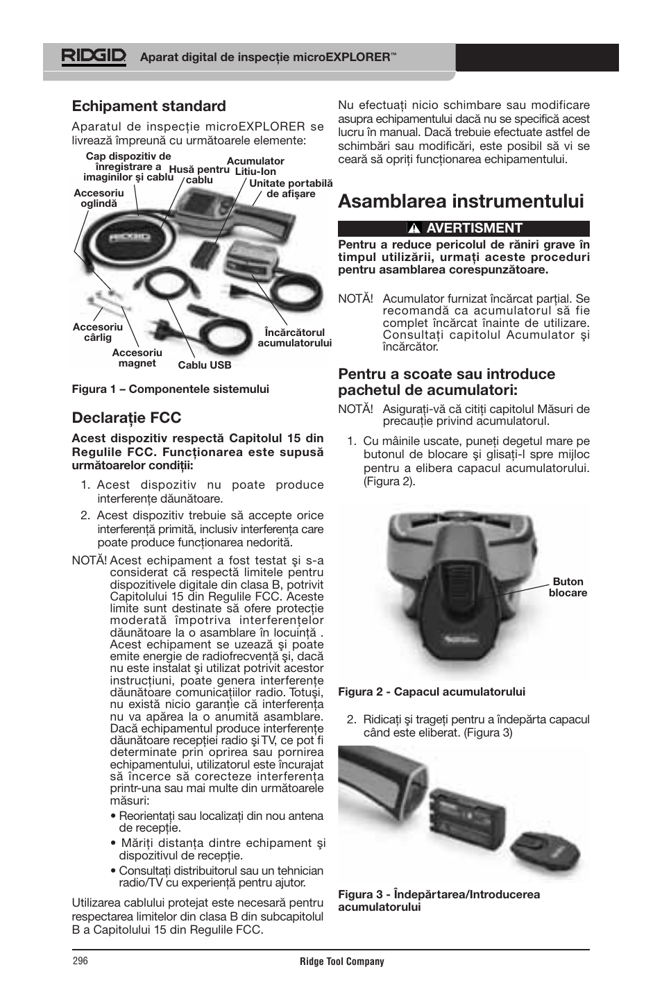 Asamblarea instrumentului, Echipament standard, Declaraţie fcc | RIDGID micro EXPLORER User Manual | Page 286 / 449