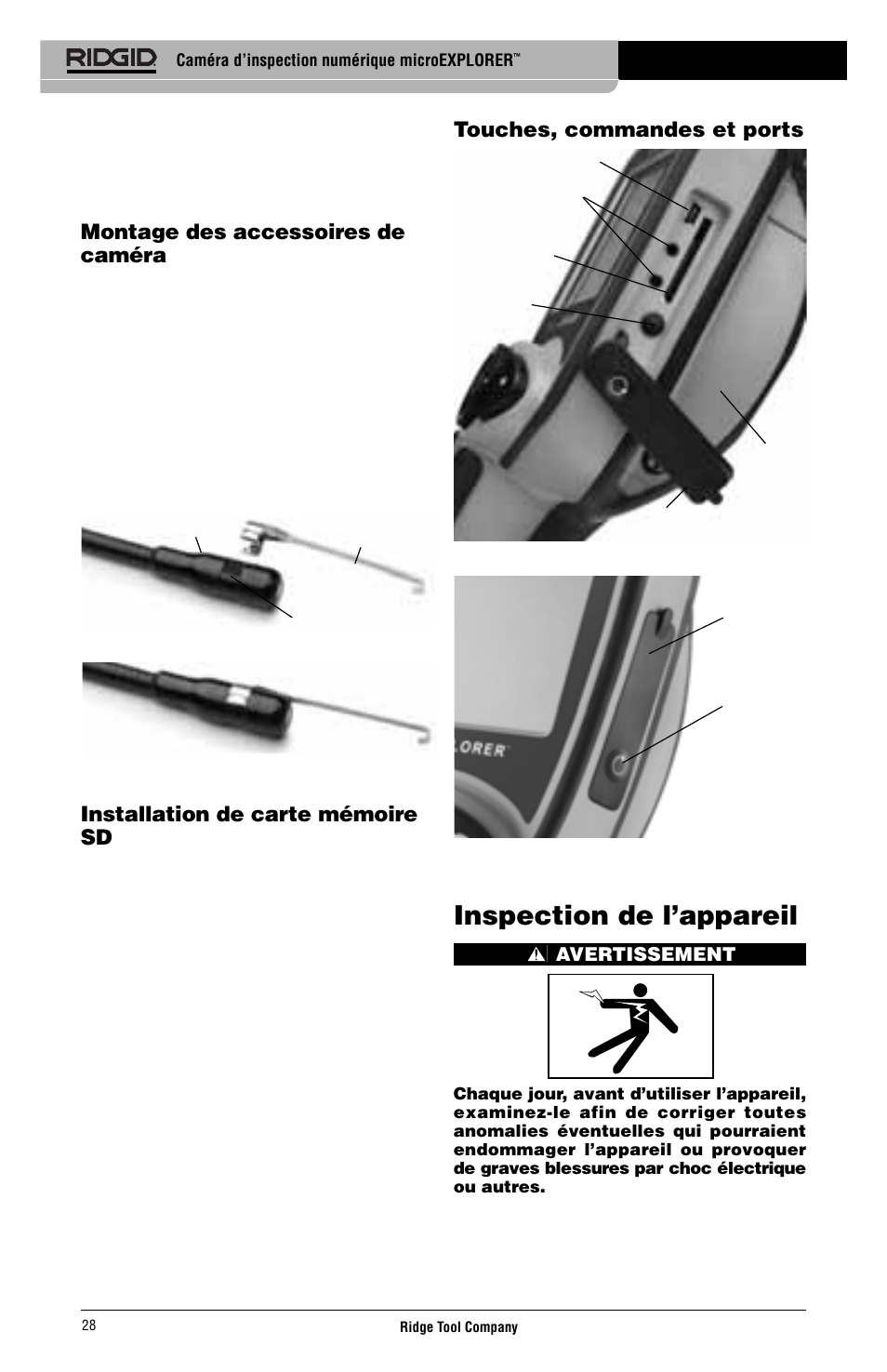 Inspection de l’appareil, Montage des accessoires de caméra, Installation de carte mémoire sd | Touches, commandes et ports | RIDGID micro EXPLORER User Manual | Page 30 / 449