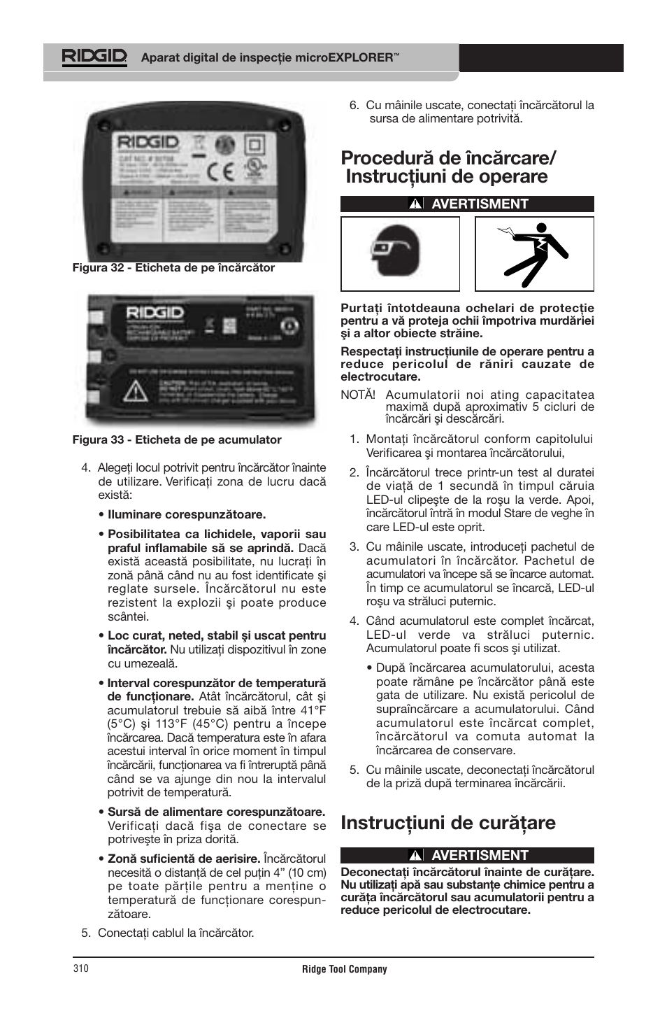 Procedură de încărcare/ instrucţiuni de operare, Instrucţiuni de curăţare | RIDGID micro EXPLORER User Manual | Page 300 / 449