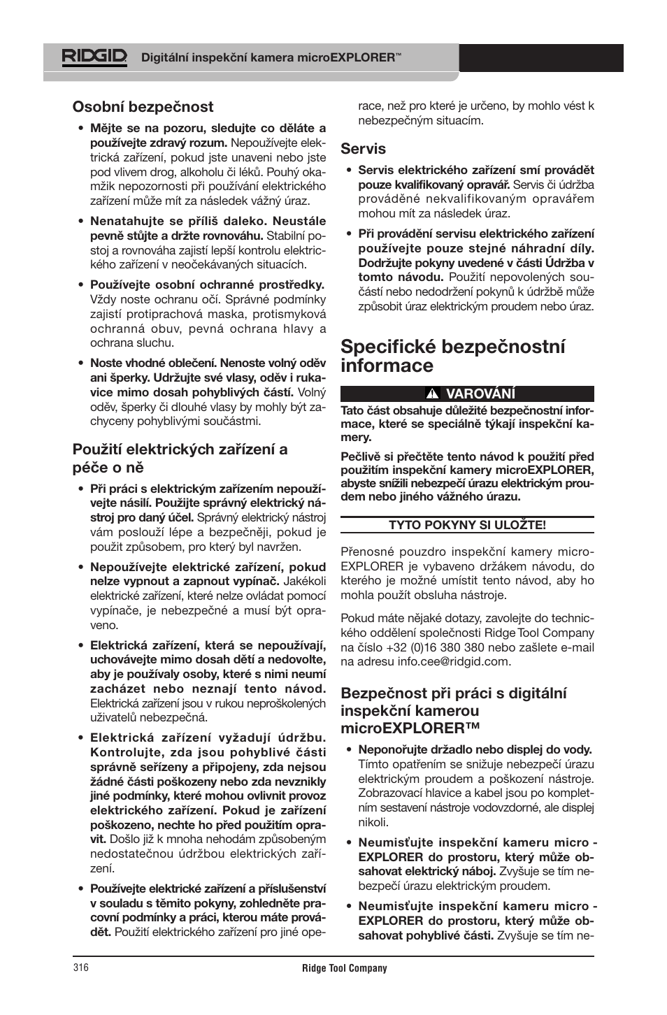 Specifické bezpečnostní informace, Osobní bezpečnost, Použití elektrických zařízení a péče o ně | Servis | RIDGID micro EXPLORER User Manual | Page 305 / 449