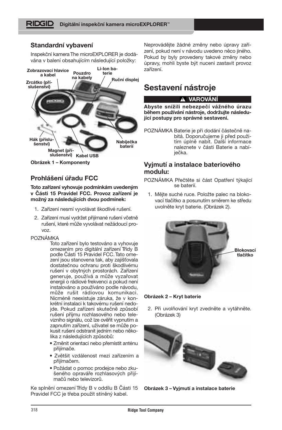 Sestavení nástroje, Standardní vybavení, Prohlášení úřadu fcc | Vyjmutí a instalace bateriového modulu | RIDGID micro EXPLORER User Manual | Page 307 / 449