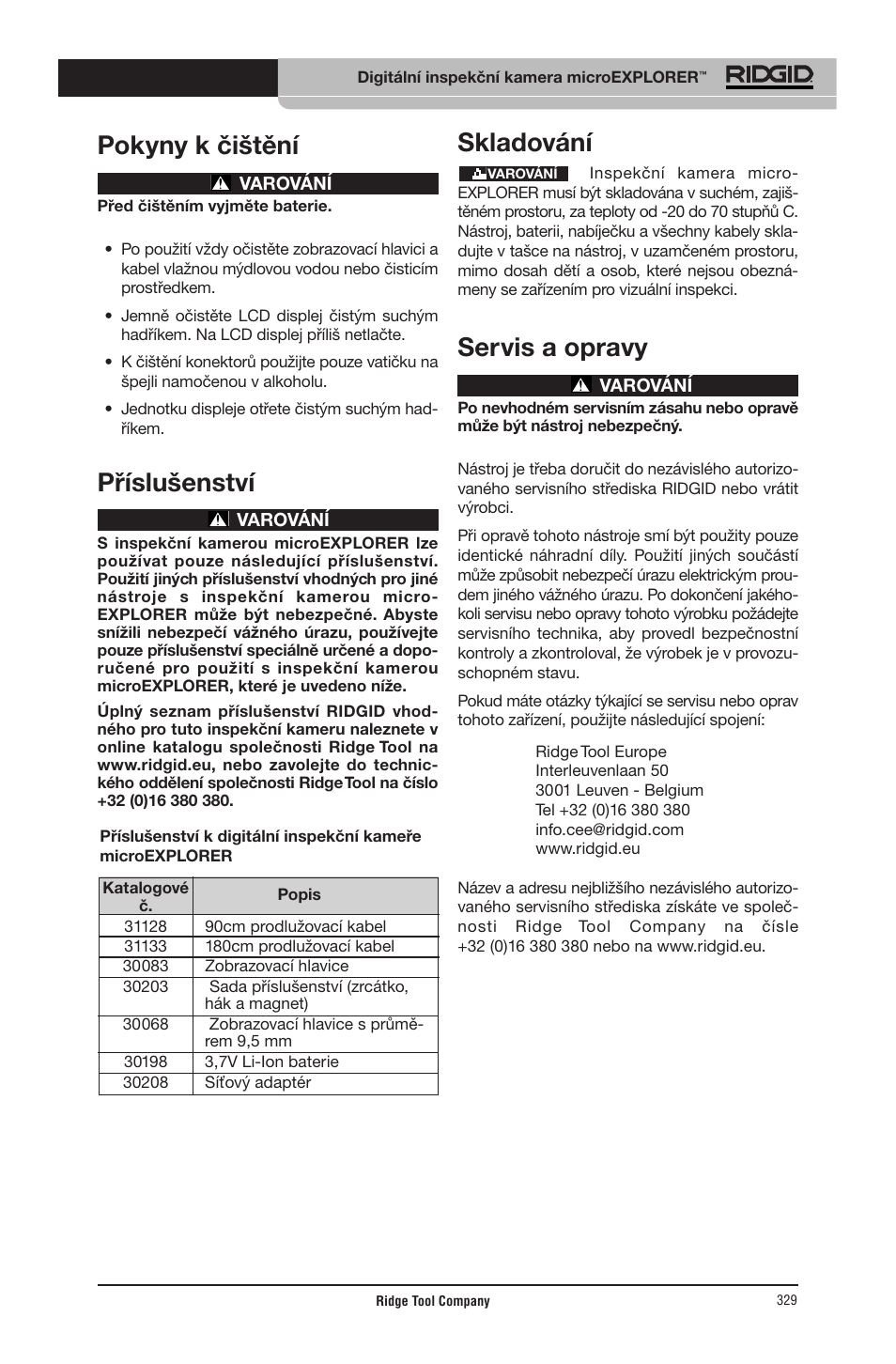 Pokyny k čištění, Příslušenství, Skladování | Servis a opravy | RIDGID micro EXPLORER User Manual | Page 318 / 449