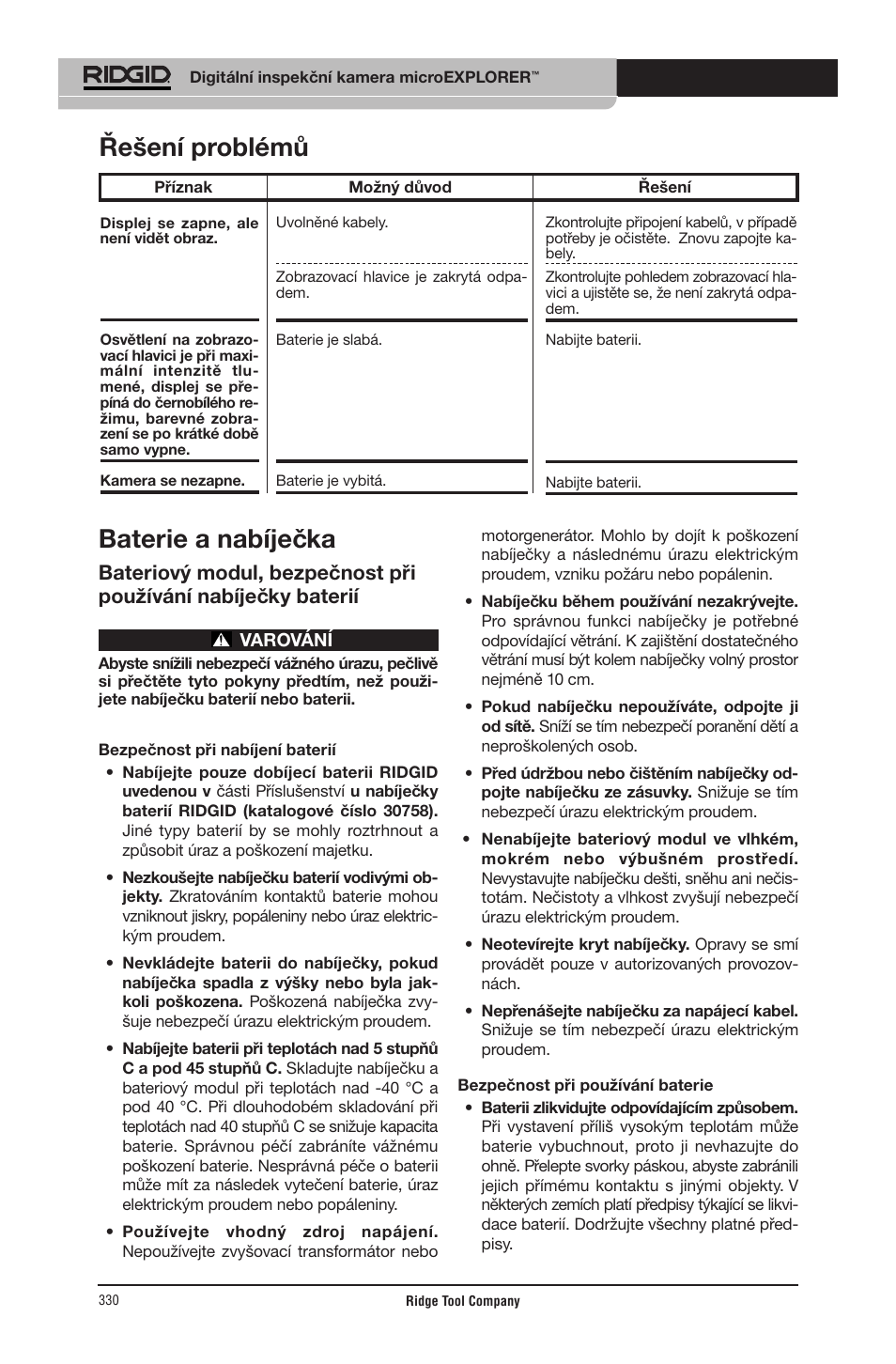 Baterie a nabíječka, Řešení problémů | RIDGID micro EXPLORER User Manual | Page 319 / 449